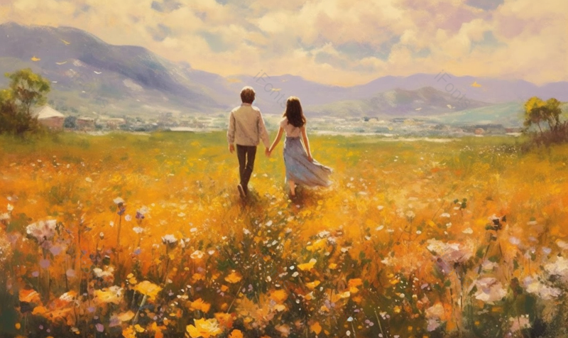 花田牵手的情侣复古油画背景,插画/手绘图,插画/手绘图库,插画/手绘图下载,插画/手绘